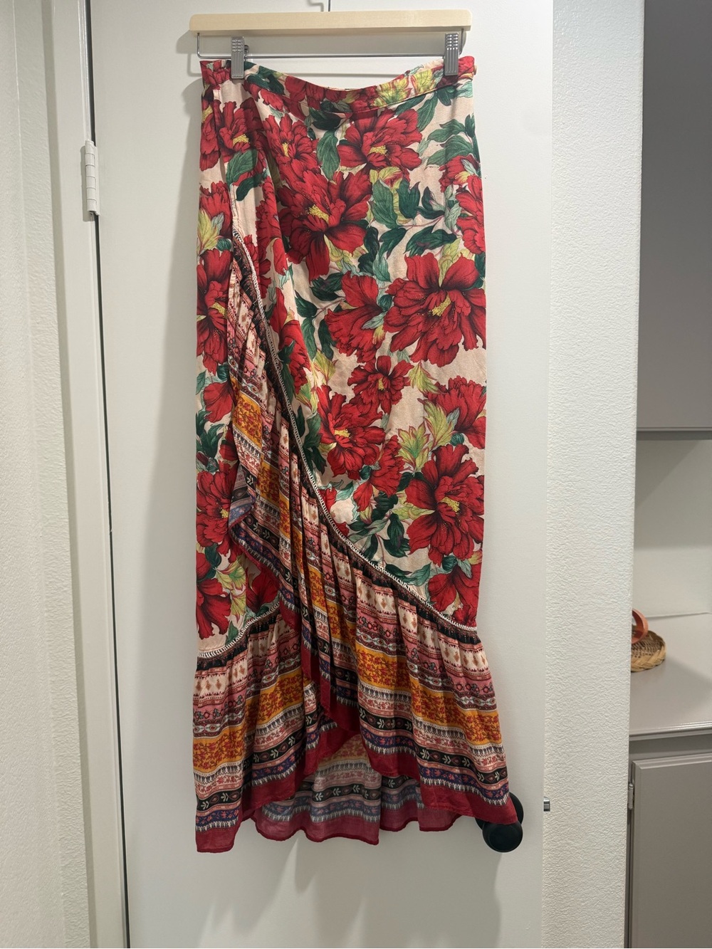 Anthropologie Cream Maxi Skirt with Red Floral & Green Leaves